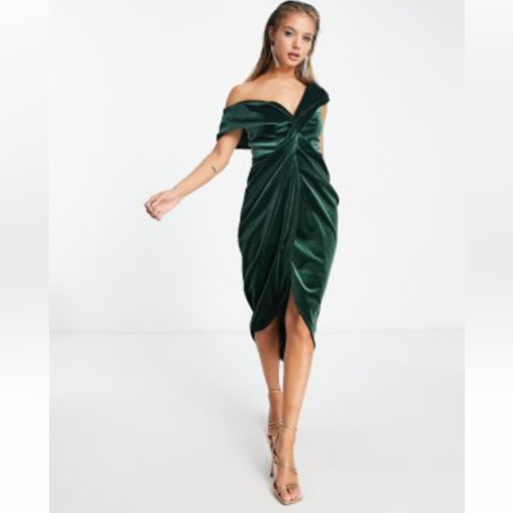 ASOS DESIGN off shoulder twist front wrap velvet midi dress